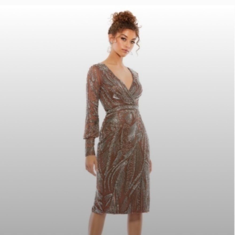 Mac Duggal Long Sleeve Beaded Surplice Cocktail Dress